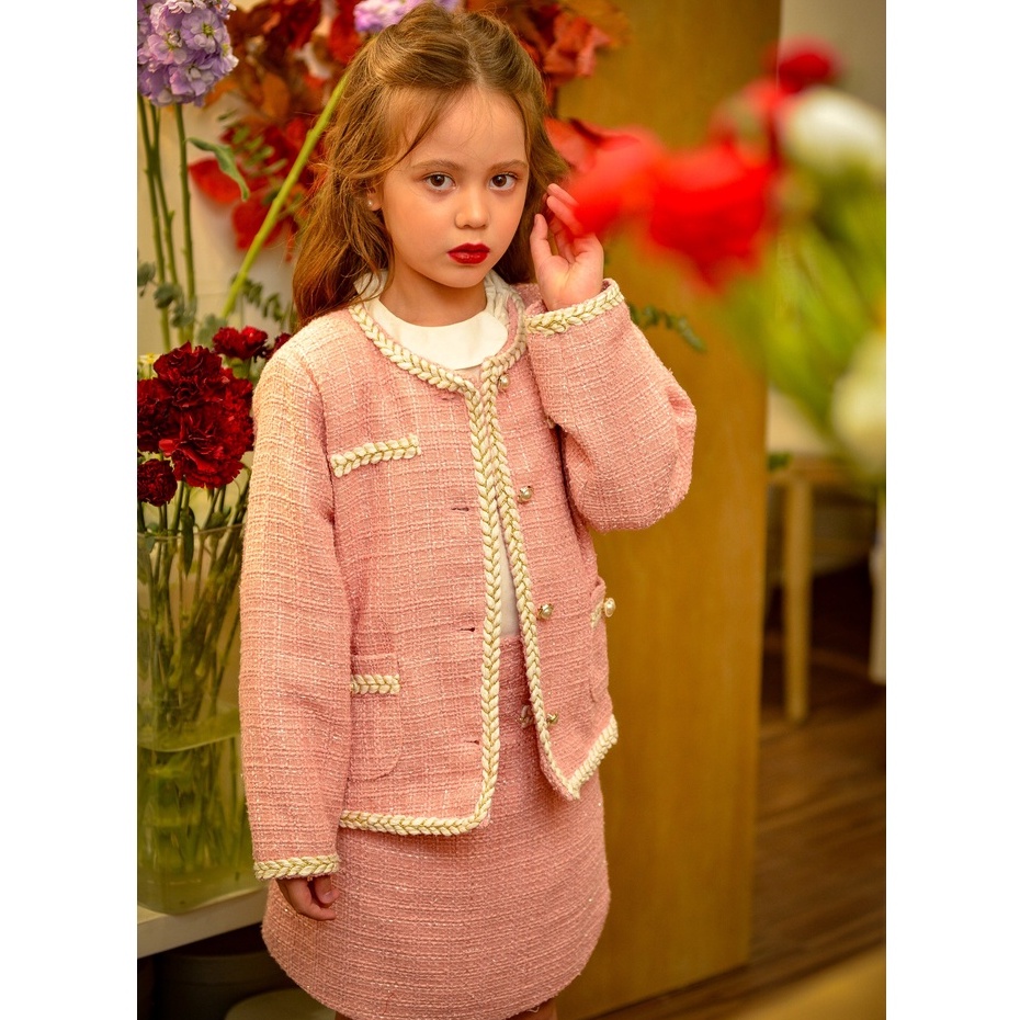 Set áo khoác và chân váy dạ tweed hồng bé gái Sweetie Pink 137KIDS thiết kế cao cấp