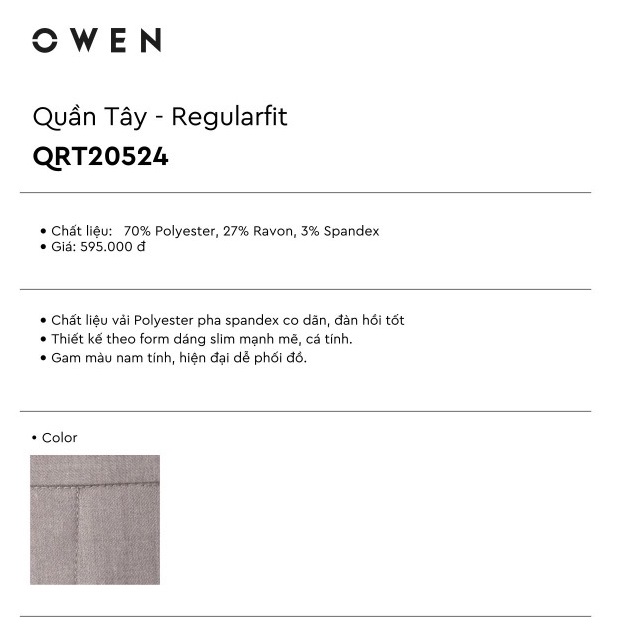 Quần Âu Nam Quần Tây Công Sở Cao Cấp Owen QRT20524 Dài Chân Dáng Regular Fit Cạp Tăng Đơ Màu Nâu Vải Polyester