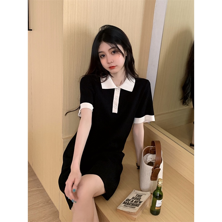 Đầm ZHELIHANGFEI dệt kim tay ngắn cổ polo phối màu trẻ trung cho nữ