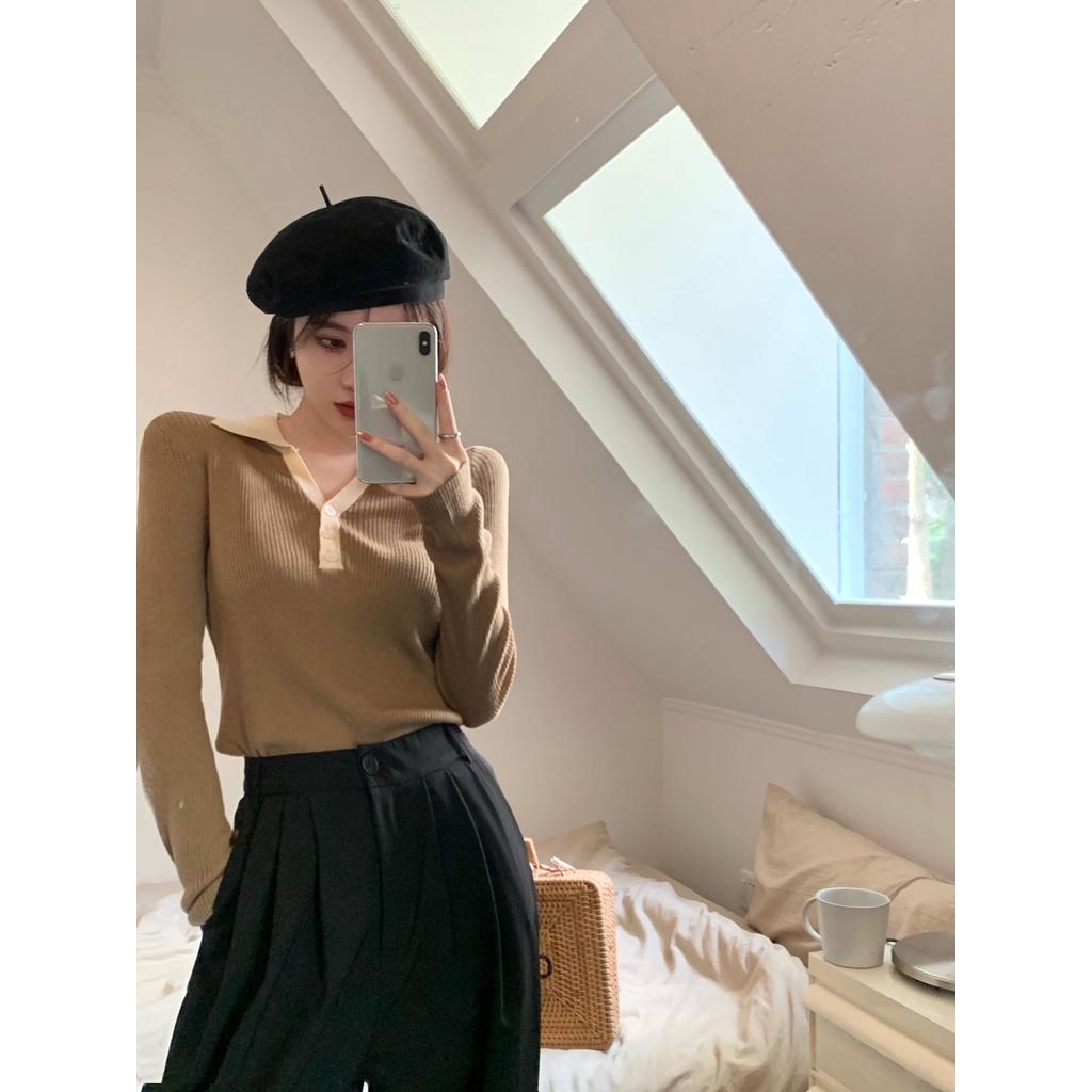 Áo Len Tay Dài Cổ Chữ V Màu Tương Phản Phong Cách Hàn Quốc Thời Trang