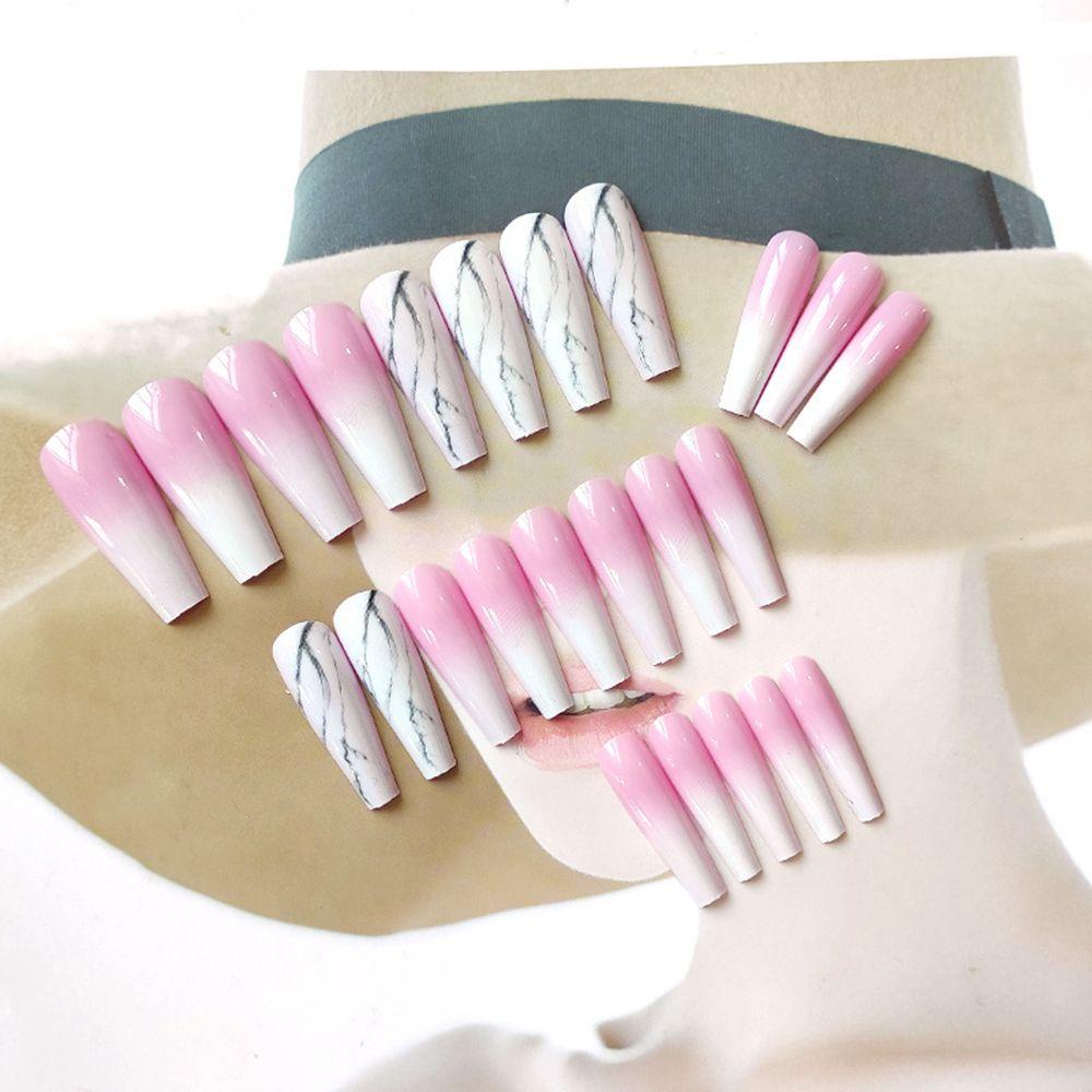 EUCA Bộ 24 Móng Tay Giả Họa Tiết Cẩm Thạch Hồng