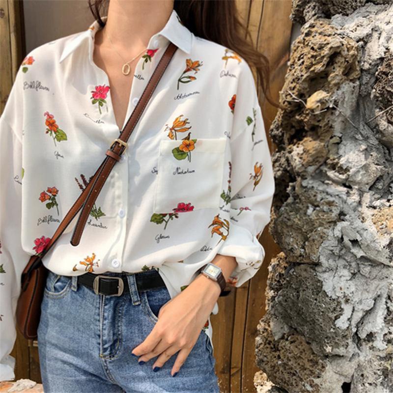 Women Fashion Floral Print Casual Long-sleeved Shirt Blouse