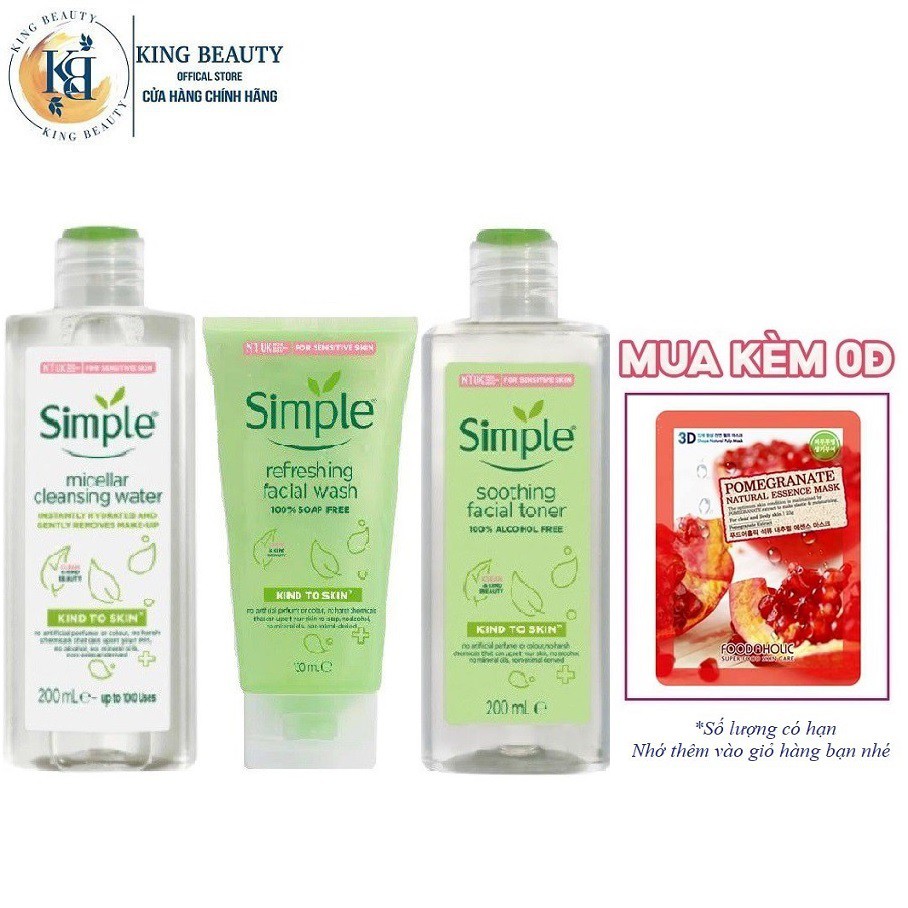 Bộ 3 Sản Phẩm Làm Sạch Sâu, Se Khít Lỗ Chân Lông SIMPLE Kind To Skin (Tẩy trang 200ml + SRM 150ml + Toner 200ml)