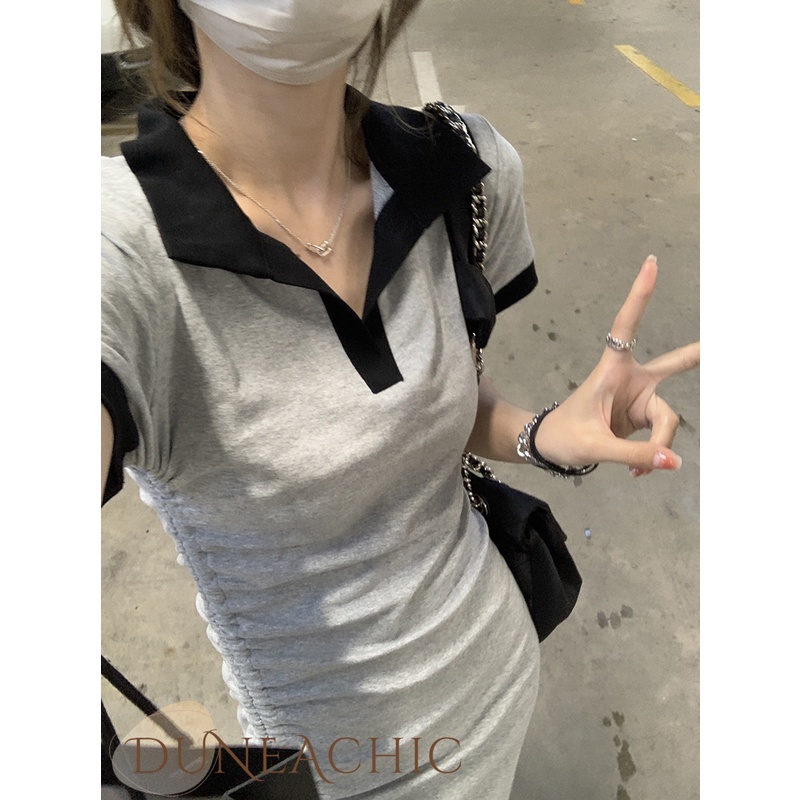DUNEA Đầm Cổ Polo Rút Dây Xếp Ly Xẻ Tà Màu Tương Phản Quyến Rũ Cho Nữ