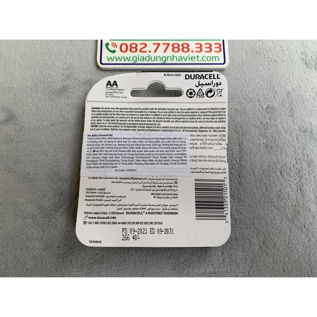 Pin tiểu kiềm Duracell Coppertop Alkaline AA LR6 MN1500 1.5V chính hãng