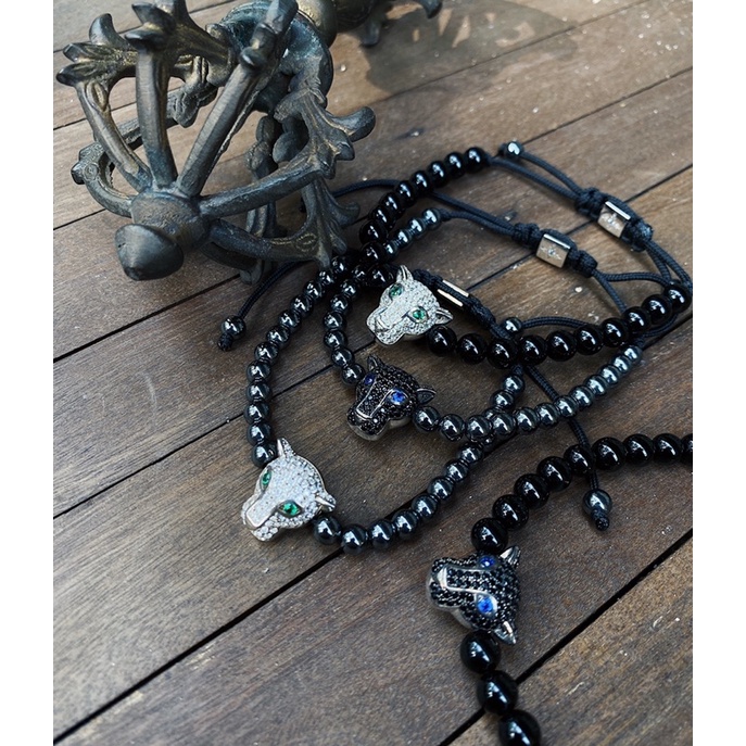 Vòng đá Jetblack 6mm + Panther mắt xanh by Neora Jewels