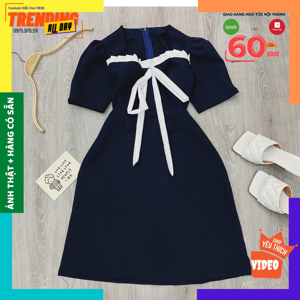 [GIẢM 10K] Đầm dáng chữ A ngắn tay, cổ phối bèo, hoạ tiết nơ đính tiểu thư. Dầm tiểu thư cổ tim sang chảnh tôn dáng | BigBuy360 - bigbuy360.vn