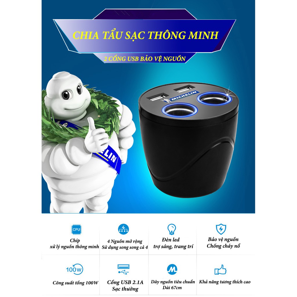 Thiết bị chia tẩusạc ô tô MICHELIN 9001ML 1 ra 2 cổng công suất 100W Kèm 2 cổng USB 2.1A