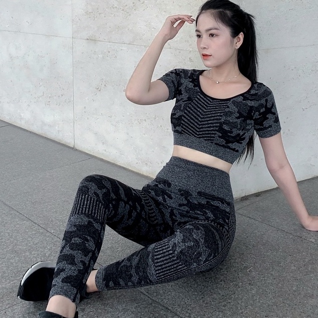 Bộ quần áo tập gym yoga nữ, quần thể thao dài nhún mông kết hợp áo croptop chất đẹp, thoáng khí