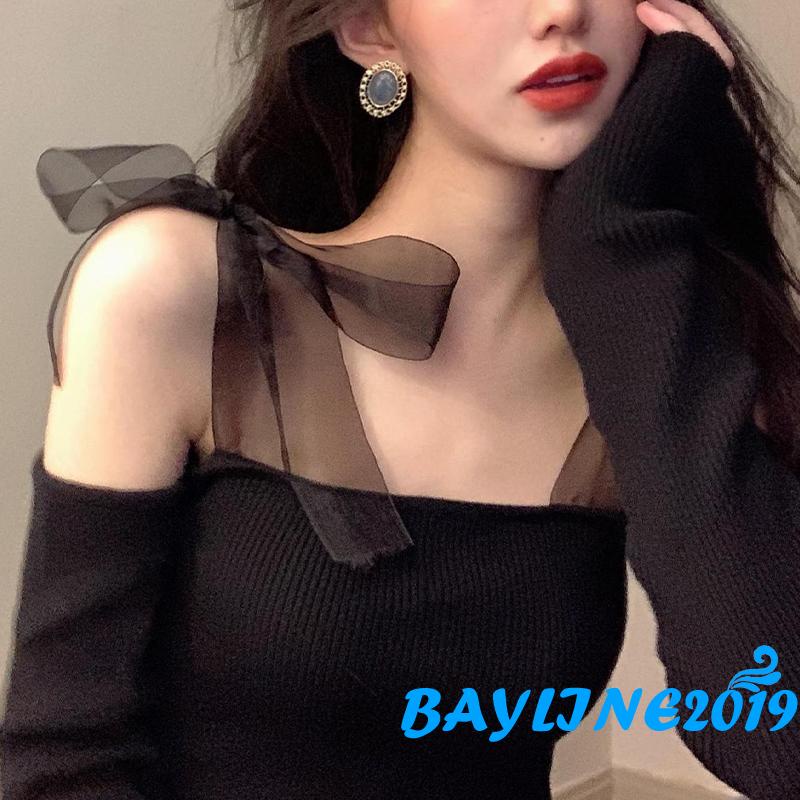Bay-Women Trendy Crop Tops, Solid Color Ribbed Off-Shoulder Long Sleeve Blouse with Tied Shoulder Strap for Ladies, Black