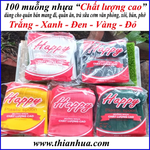 Thìa nhựa, muỗng nhựa bao 100 cái dài 15cm chất lượng cao nhựa PP dùng cho trà sữa màu trắng - đỏ - vàng - xanh lá - đen