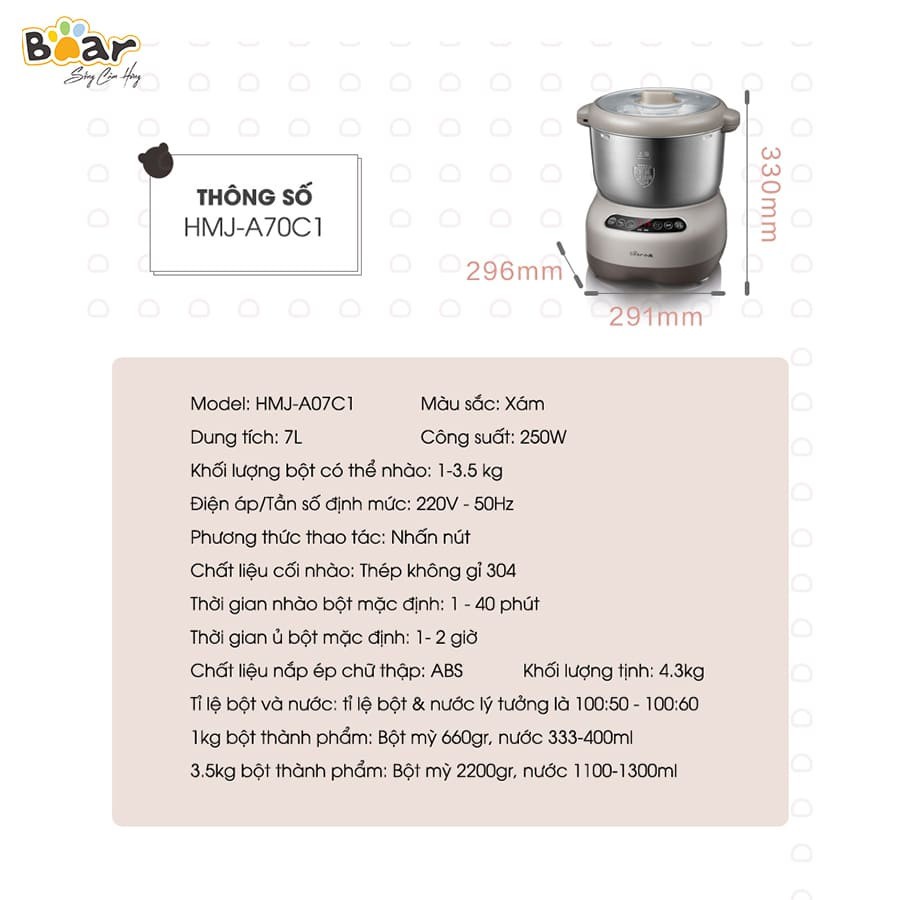 Bản quốc tế - Máy nhồi nhào bột tự động đa năng 7 L Bear tiện lợi tiết kiệm thời gian, tự động ủ bột, bảo hành 18 tháng