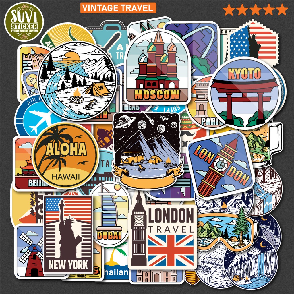 50 Sticker Vintage Travel chống nước sticker dán laptop, điện thoại, đàn guitar, mũ bảo hiểm, vali. MSP: T11