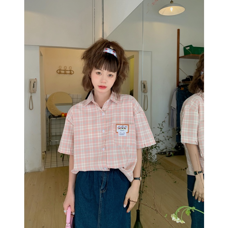 Áo sơ mi tay ngắn họa tiết kẻ sọc ca rô phong cách Hàn Quốc thời trang dành cho nữ
