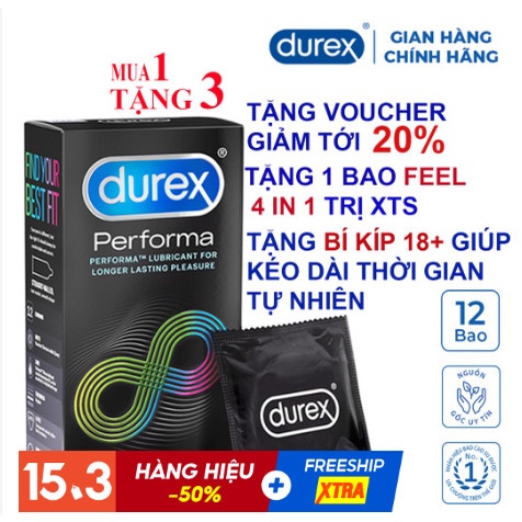 Bộ 2 hộp bao cao su Durex Performa (12 bao/hộp) + Tặng 1 hộp bao cao su Durex Performa 3 bao Tổng kho bao cao su Hà Nội