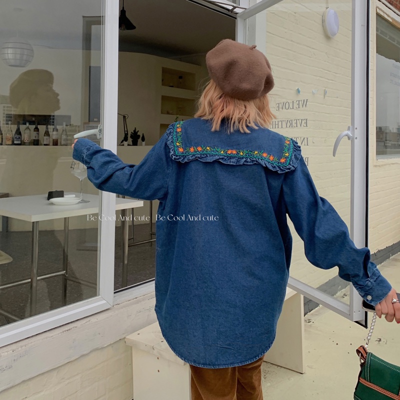 Hàng Mới Về Mới Áo Khoác Denim Cổ Búp Bê Thêu Hoa Dáng Rộng Thời Trang Mùa Xuân 2022 Cho Nữ