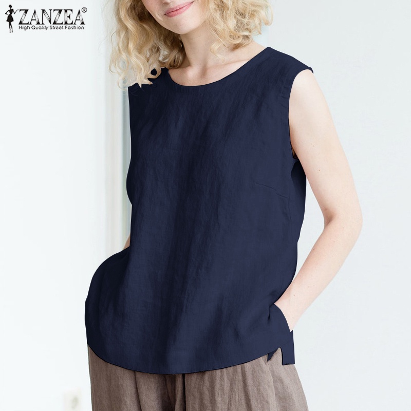 Áo sát nách ZANZEA cổ tròn màu trơn phong cách Bohemian cho nữ