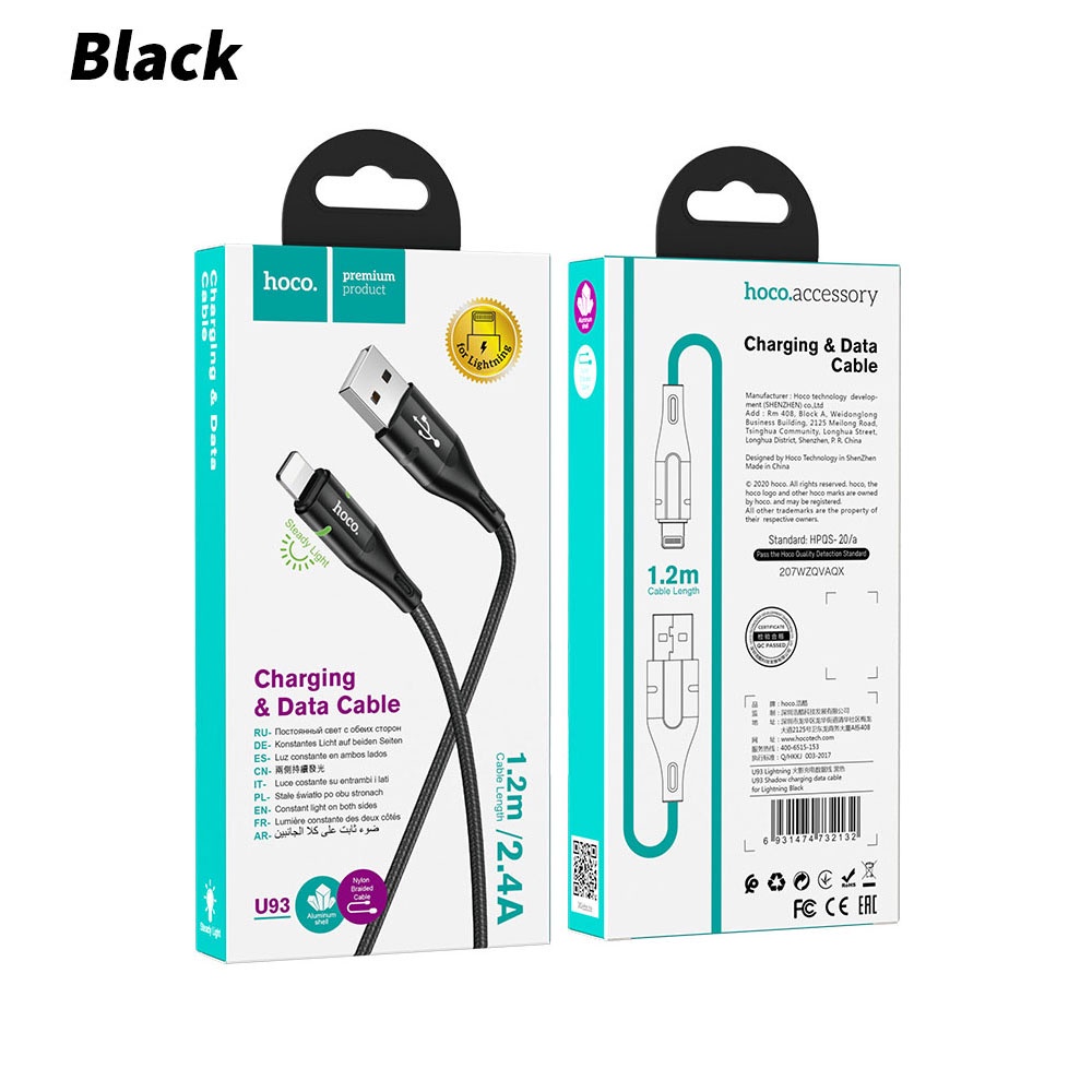 Dây cáp sạc IP điện thoại Hoco U93 có đèn báo bọc dù cao cấp
