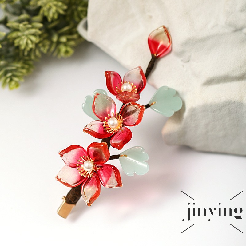 GETNOIVAS Kẹp tóc pha lê màu đỏ hình hoa phong cách cổ trang Trung Quốc