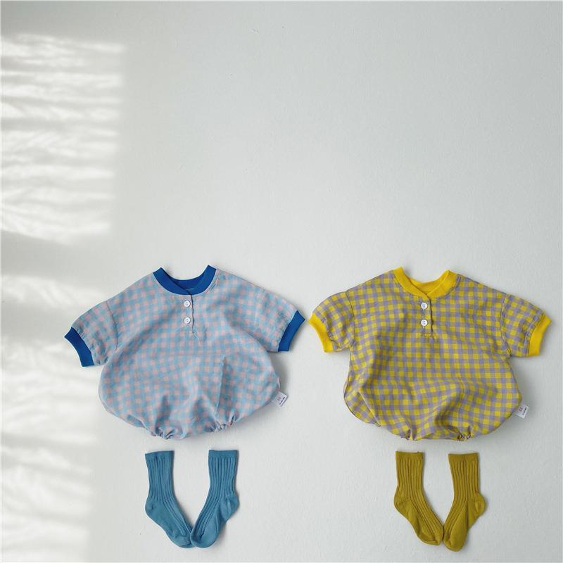 Áo Liền Quần Tay Ngắn Chất Liệu Cotton Họa Tiết Sọc Caro Cho Bé Trai 0-18 Tháng Tuổi