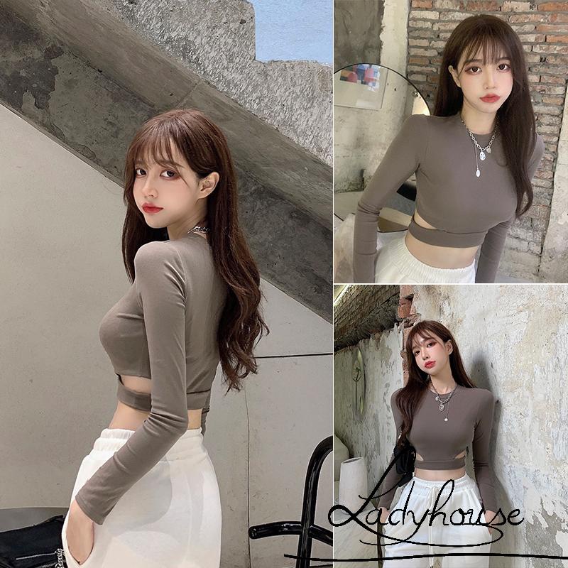 Áo Thun Crop Top Tay Dài Cổ Tròn Màu Trơn Khoét Eo Thời Trang Xuân Hè Cho Nữ