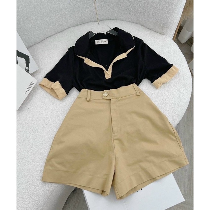 SET PULL ĐEN VIỀN CỔ POLO + SHORT KAKI NÂU