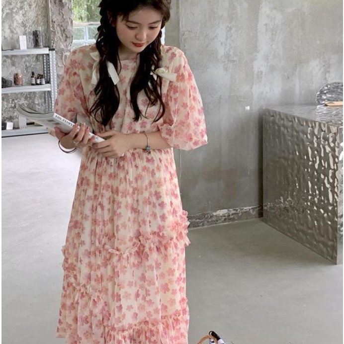 Sẵn - Đầm Babydoll | Đầm Babydoll Hoa Nhí Hồng Dáng Dài Xòe Rộng Tay Phồng Xinh Xắn Ulzzang Hàn Quốc, Váy Maxi Dáng Xòe