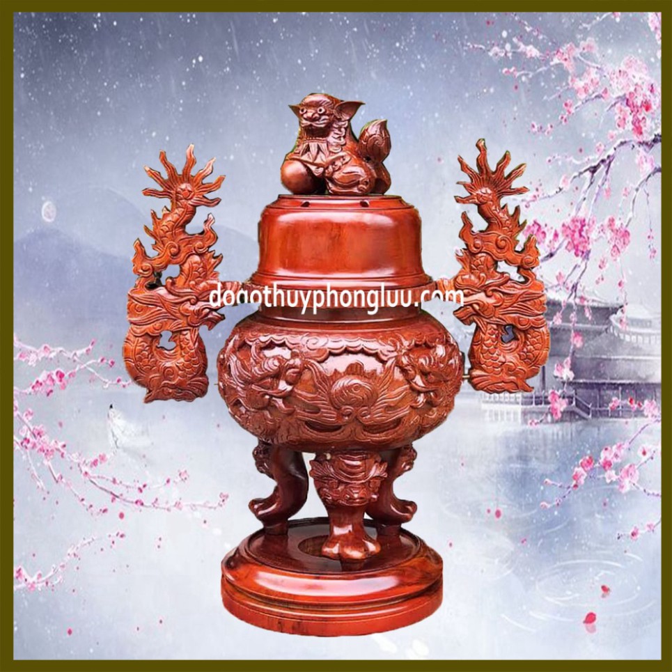 Đỉnh lư hương thờ gia tiên song long gỗ hương