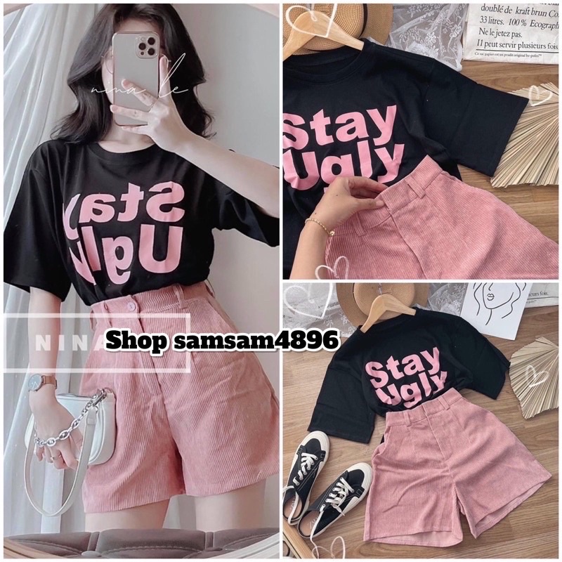 ⚡Set đồ bộ nữ Stay 💥Áo thun cổ tròn form rộng mix quần short nhung hồng chất đẹp giá rẻ