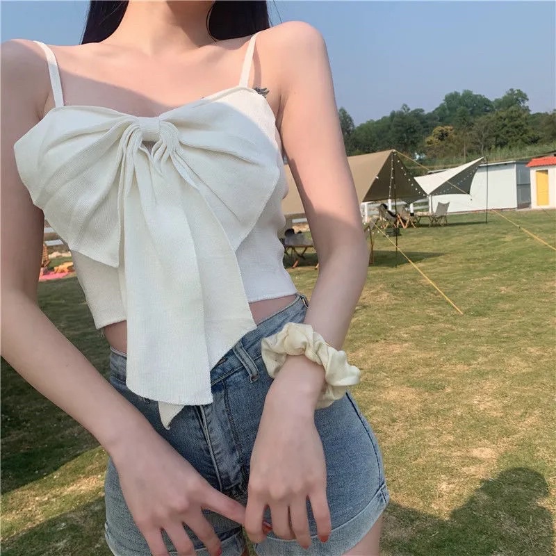 Áo Hai Dây Croptop Nơ To Nữ Màu Trắng, Xanh, Hồng Chất Mongtoghi Style Hàn Quốc Sexy Tiểu Thư Loại 1 Hàng Quảng Châu