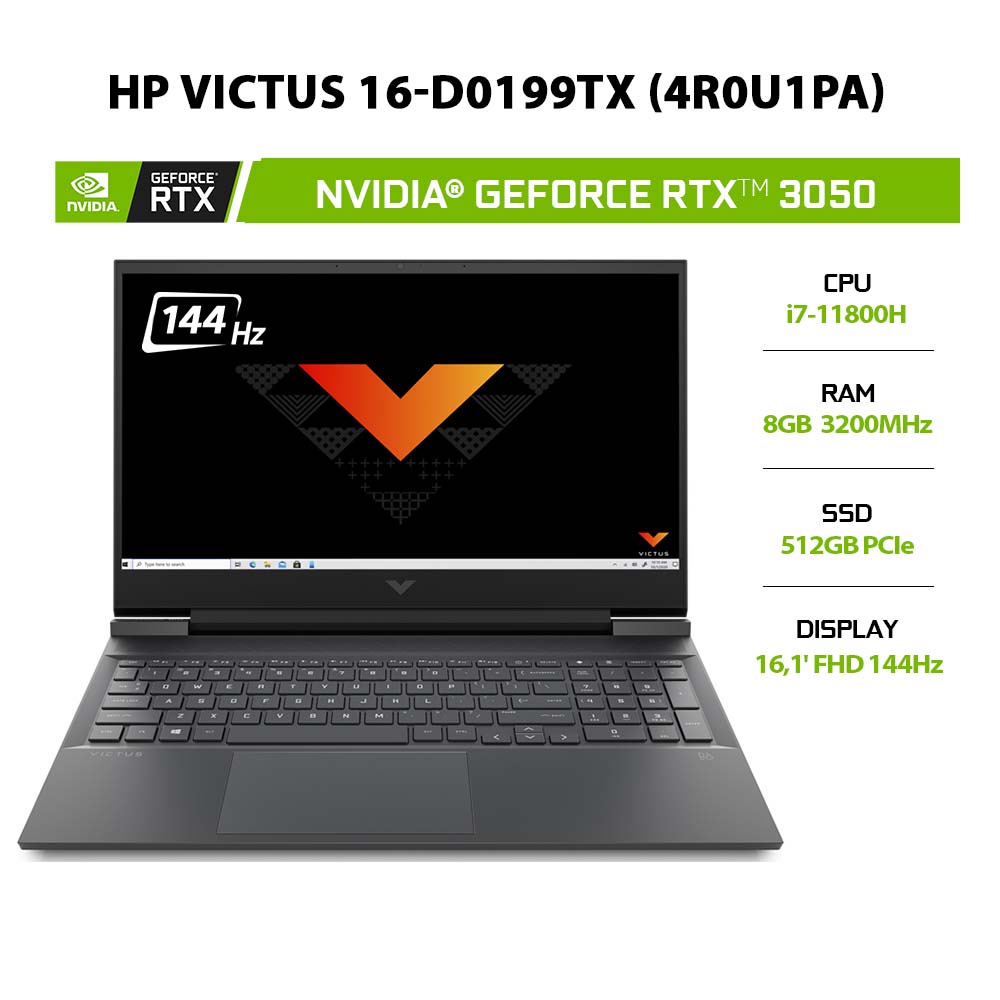 Laptop HP Victus 16-d0199TX (4R0U1PA) (i7-11800H | 8GB | 512GB + 32GB | GeForce RTX™ 3050 4GB | 16.1' FHD 144Hz |Win 11)