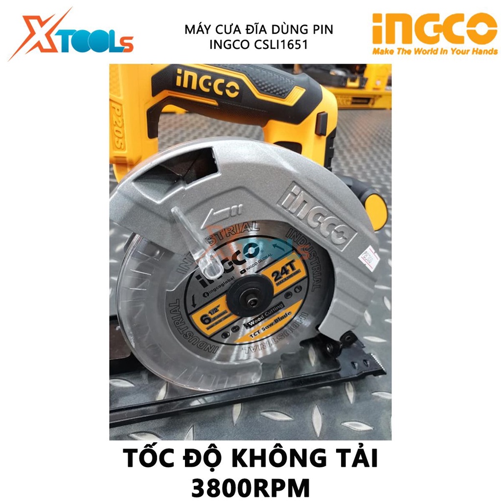 Máy cưa gỗ cầm tay dùng pin 20V INGCO CSLI1651 Máy cưa đĩa đường kính đĩa 165mm, tốc độ 3800rpm, khả năng cắt tối đa 55m