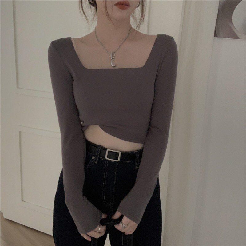 Áo croptop thun trơn cổ vuông form ôm dài tay