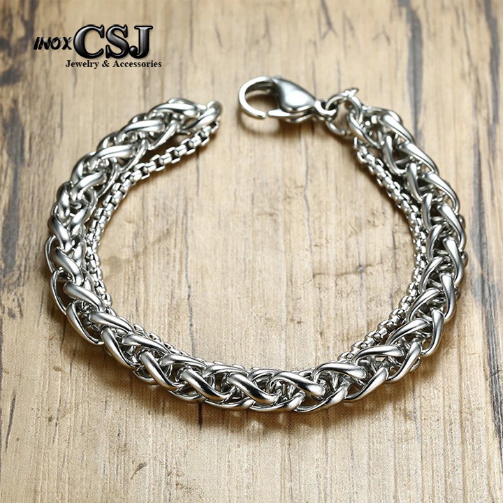 lắc tay inox nam 2 tầng kiểu bông dừa đẹp, không đen, chuẩn thời trang