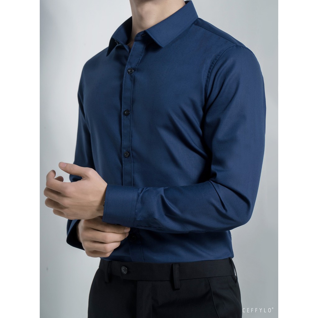 Áo sơ mi dài tay xanh navy trơn CEFFYLO chất liệu thoáng khí giữ form cực tốt