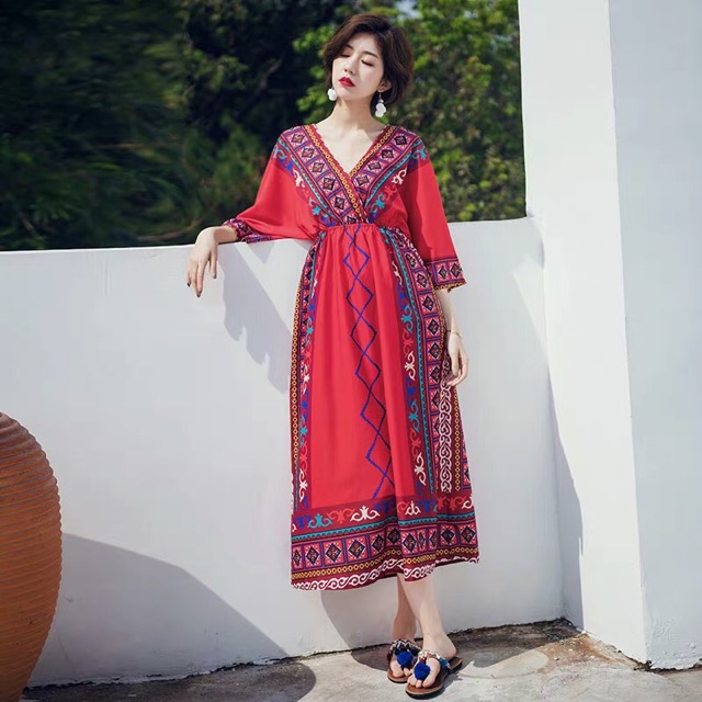 Váy maxi boho hoạ tiết thổ cẩm VHP41 (có hình thật) | BigBuy360 - bigbuy360.vn