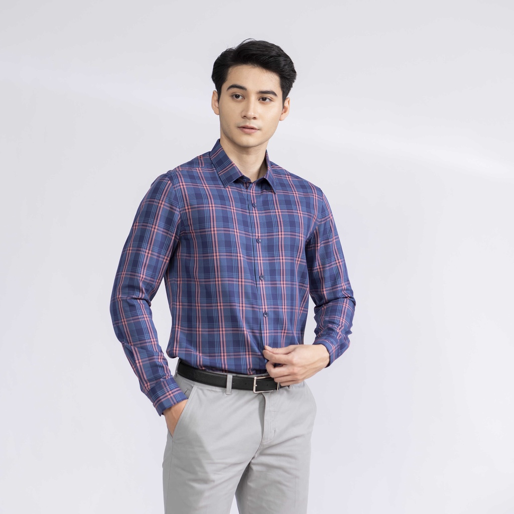 Áo sơ mi dài tay nam Aristino phom slim fit, thiết kế tà lượn, họa tiết kẻ cam nổi bật - ALS19402