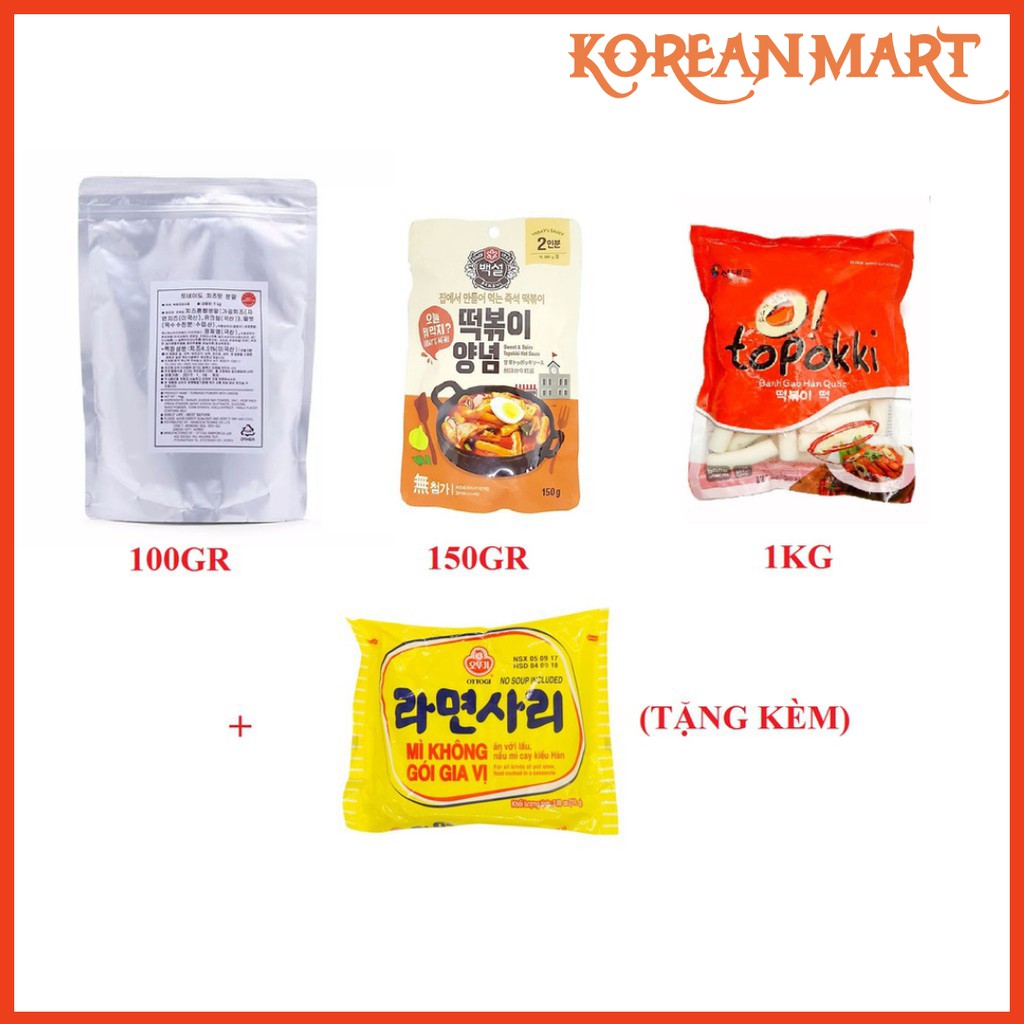 [KoreanMart] (COMBO) BÁNH GẠO HÀN QUỐC TOPOKKI 1KG KÈM SỐT 150G VÀ BỘT PHÔ MAI 100G ( TẶNG MÌ KHÔNG GIA VỊ OTTOGI )