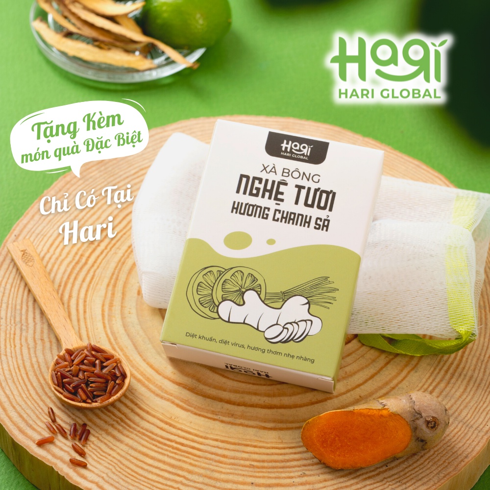 Xà bông nghệ tươi HARI hương chanh sả, TẶNG túi tắm tạo bọt sáng da giảm thâm diệt khuẩn, xà phòng nghệ tốt cho sức khỏe | BigBuy360 - bigbuy360.vn
