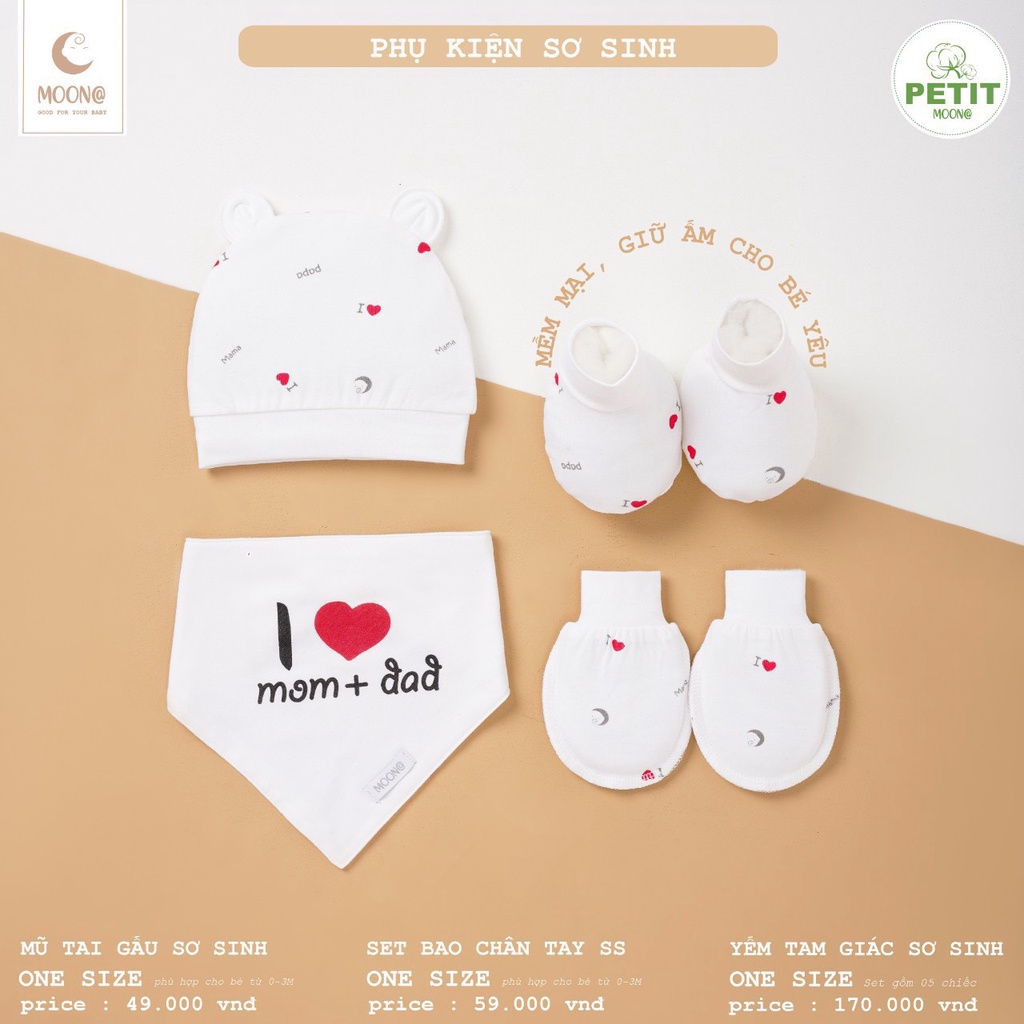 Moon chính hãng - Set phụ kiện sơ sinh Bao Tay, Bao Chân Mũ chất liệu Petit Siêu Mềm, Mịn