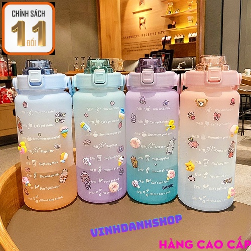 Bình nước 2 lít  có vạch chia nhắc giờ dành cho người lười uống nước, bình đựng nước thể thao 2L