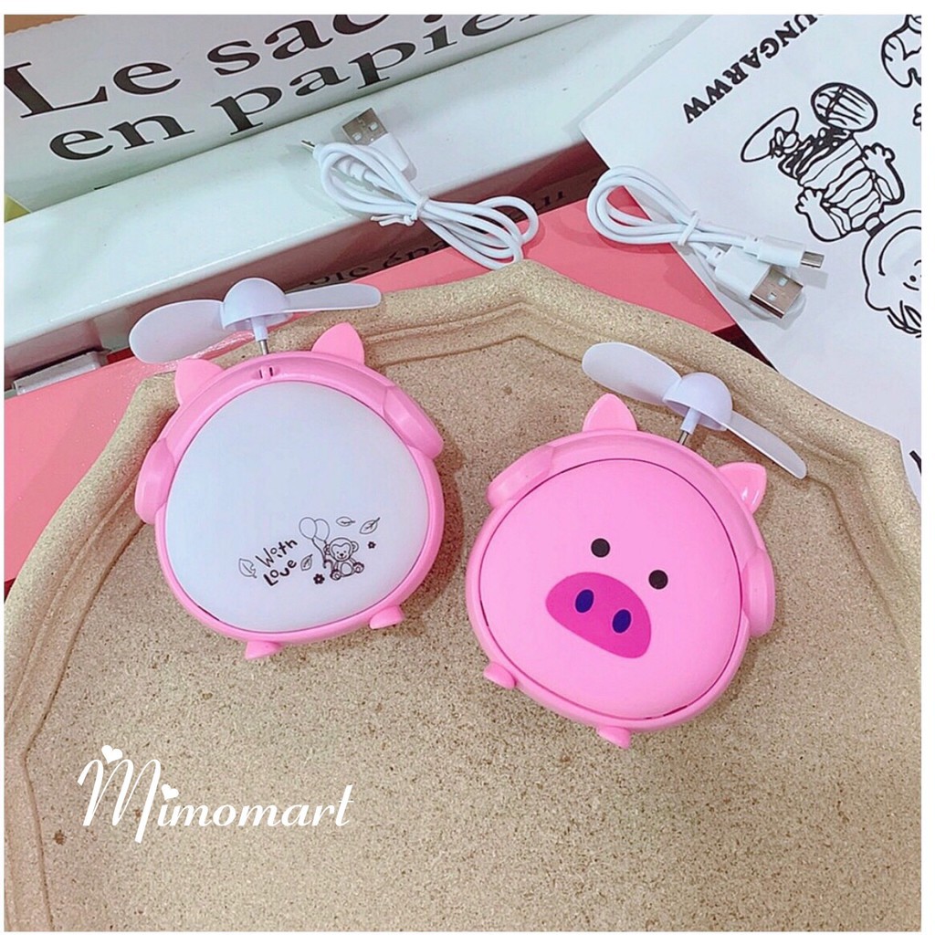 Quạt cầm tay heo hồng cute sạc điện kèm đèn