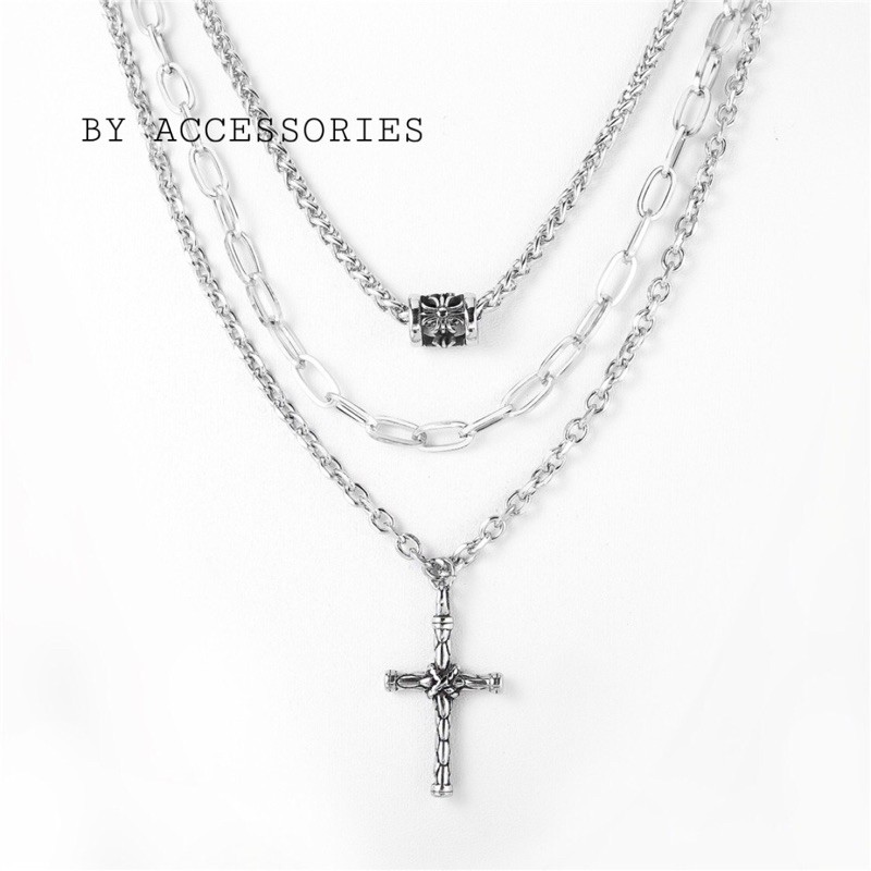 Set dây chuyền titan 3 tầng xích charm chrome heart phối mặt thánh giá không gỉ