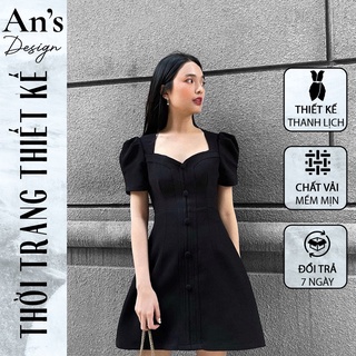 Đầm  dáng chữ  A cổ  vuông hàng khuy trước màu đen full size - An's design AN001
