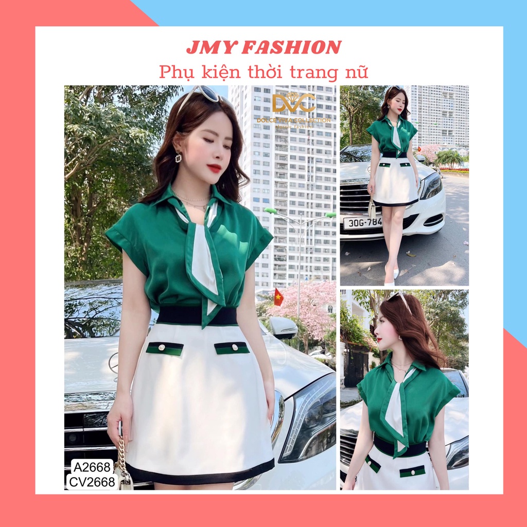 A2668, CV2668 Set áo lụa sơ mi xanh, chân váy trắng dáng A ngắn công sở - (DVC&ACC) Dolce viva colection