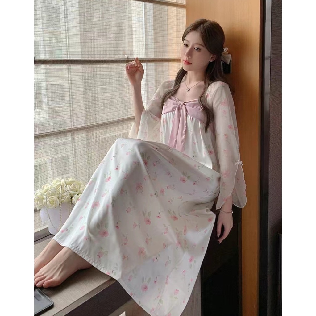 Váy lụa nữ pastel mặc ngủ hoa hồng ngọt ngào quảng châu
