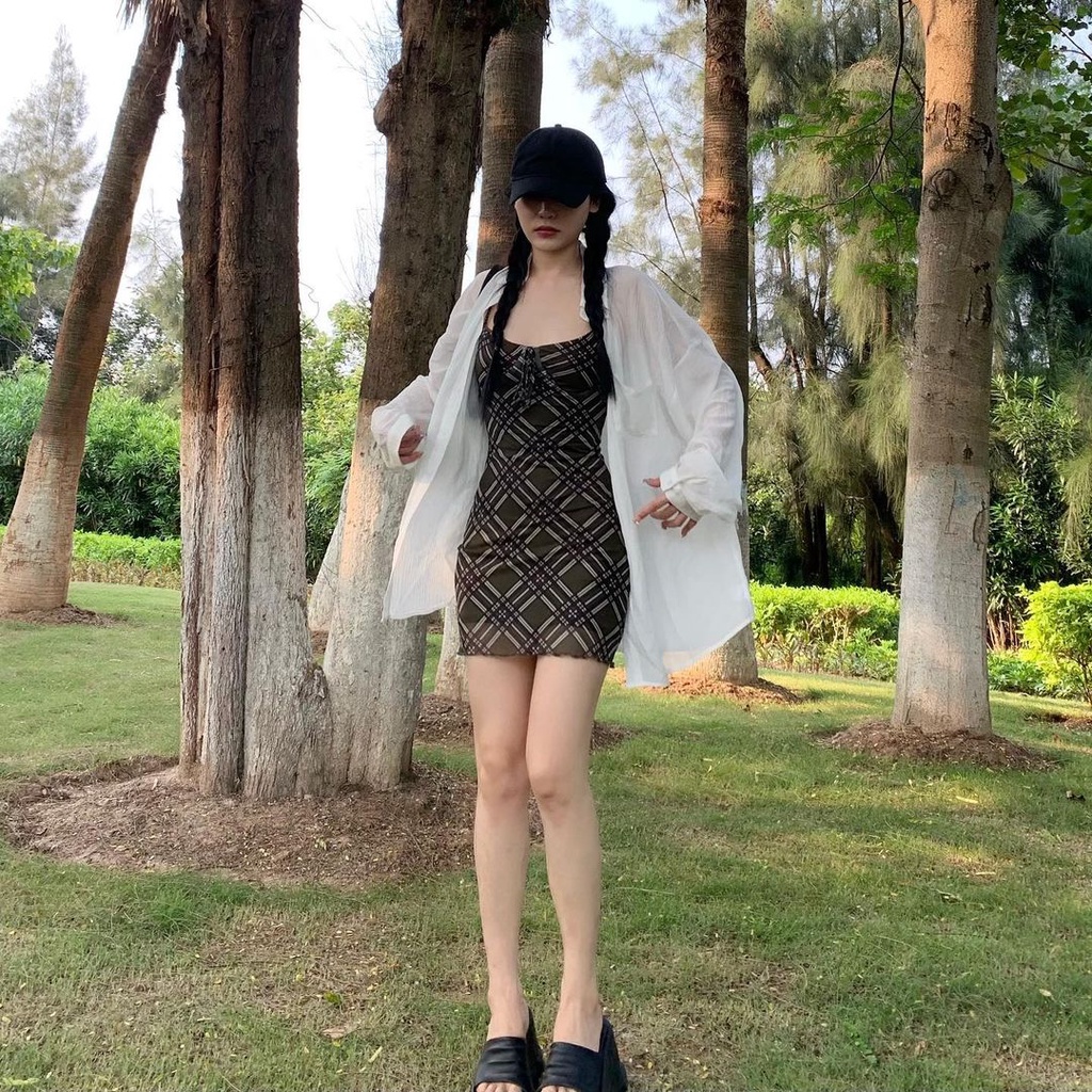 Đầm Hai Dây Caro, Đầm Body 2 Dây Màu Rêu Họa Tiết Phong Cách Ulzzang Hot Trend