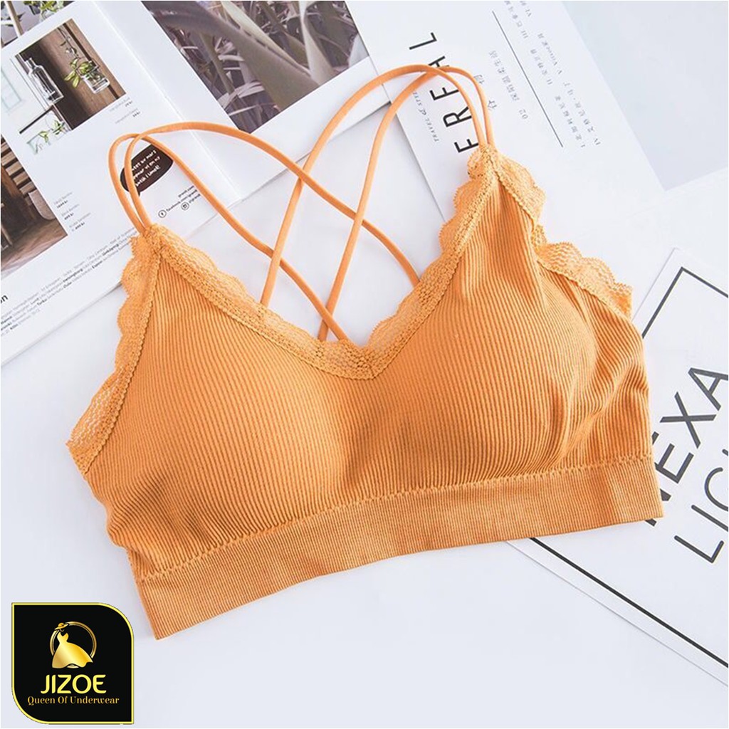 Áo bra nữ len gân tăm họa tiết viền ren 4 dây chéo lưng JIZOE ALT08