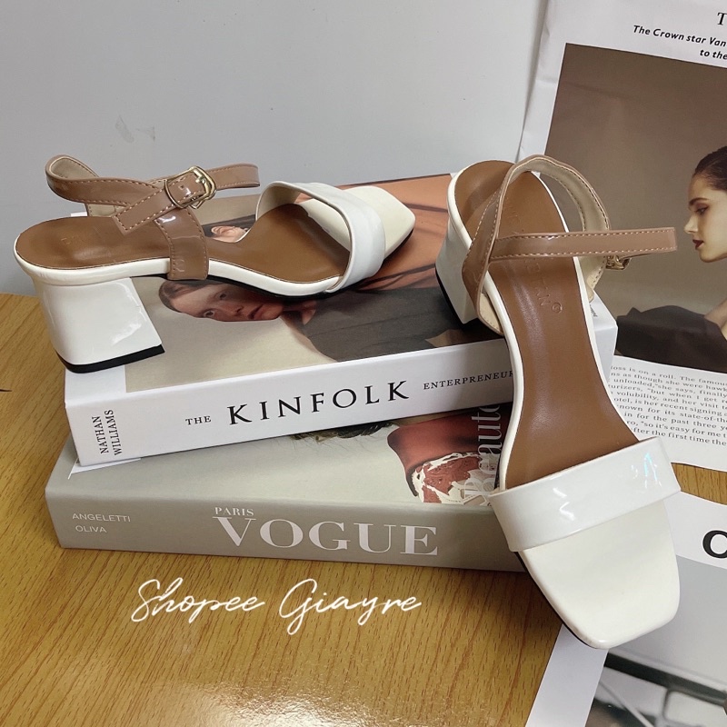 Sandal quai bản da bóng phối 2 màu vnxk gót 3p (lọai 1)