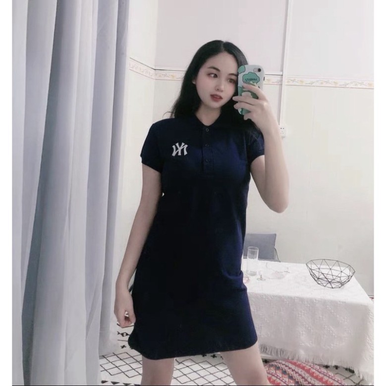 Váy polo nữ đầm chất cá sấu thêu chữ màu xanh than